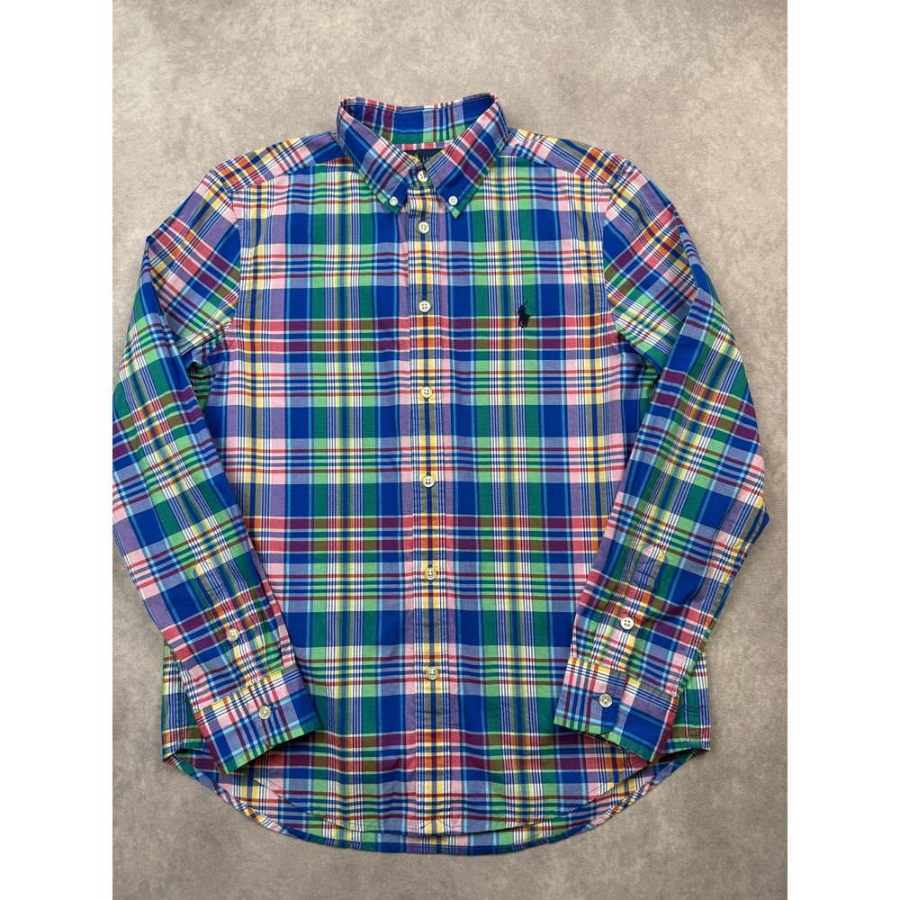 Polo Ralph Lauren Boys L 14-16 Multicolor Plaid Madras Button Down Shirt Stretch